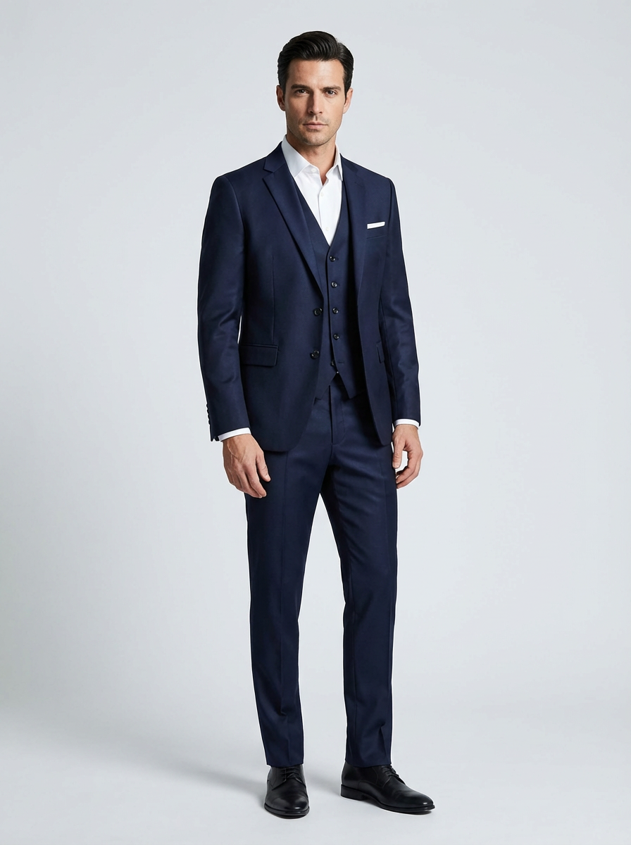 Uomo che indossa un abito blu navy elegante per cena di gala aziendale, completo tre pezzi dal taglio slim fit.
