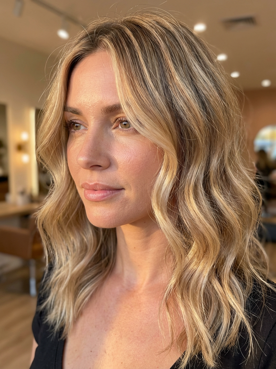 5 Colori di Capelli Che Invecchiano: Scopri Quali Evitare 2 Donna con capelli biondo miele e riflessi beige, colore luminoso che ammorbidisce i lineamenti e dona un aspetto più giovane.