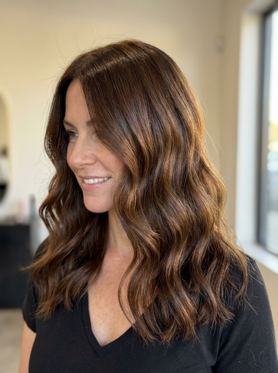 5 Colori di Capelli Che Invecchiano: Scopri Quali Evitare 4 Donna con capelli castano caldo e riflessi luminosi, tonalità naturale che valorizza l’incarnato e dona un aspetto più giovane.