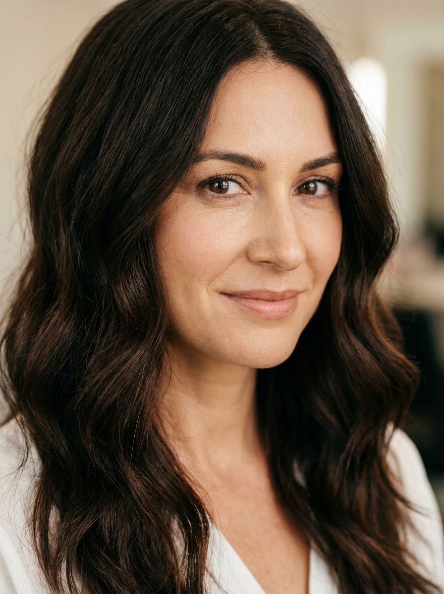 5 Colori di Capelli Che Invecchiano: Scopri Quali Evitare 1 Donna con capelli castano scuro morbido, colore naturale che illumina il viso e dona un aspetto più giovane.