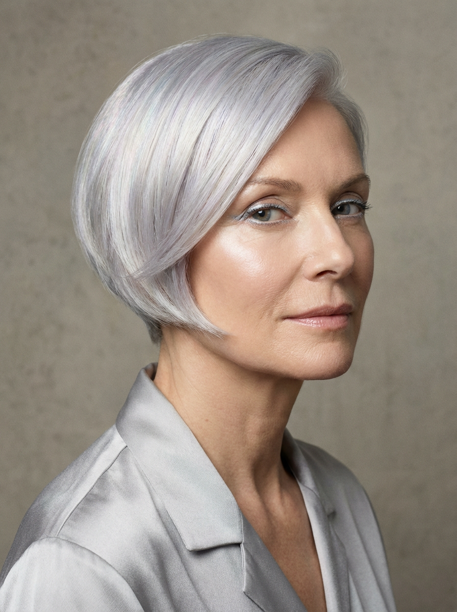 5 Colori di Capelli Che Invecchiano: Scopri Quali Evitare 7 Donna con capelli grigi argento luminosi in taglio corto elegante, tonalità brillante che illumina il viso e valorizza i lineamenti.