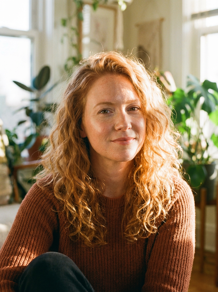 5 Colori di Capelli Che Invecchiano: Scopri Quali Evitare 6 Donna con capelli rame chiaro naturali e ricci morbidi, tonalità luminosa che valorizza l’incarnato e dona un aspetto più giovane.