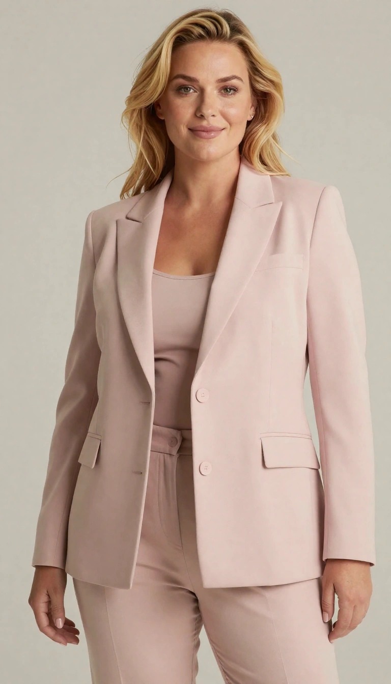 Donna caucasica bionda con fisico curvy che indossa un completo rosa, colore che trasmette serenità, femminilità e buonumore
