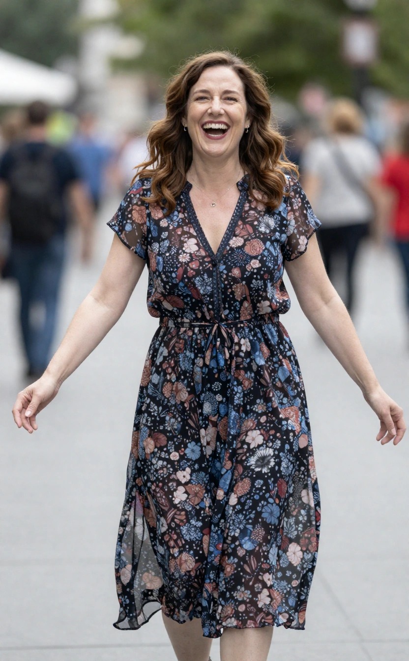 Donna over 40 che sorride indossando un vestito floreale leggero, look femminile e positivo per sembrare più giovane