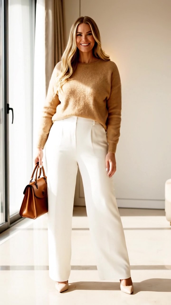 Donna elegante che indossa un outfit sofisticato composto da pantaloni bianchi a gamba larga e un maglione di cashmere color cammello.
