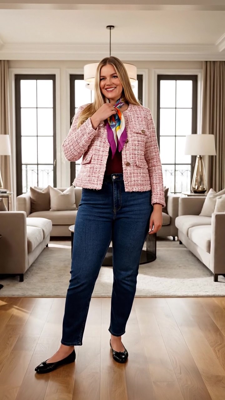 Look Parisian Chic con giacca corta in tweed abbinata a jeans dritti scuri e foulard di seta, stile raffinato per il tempo libero