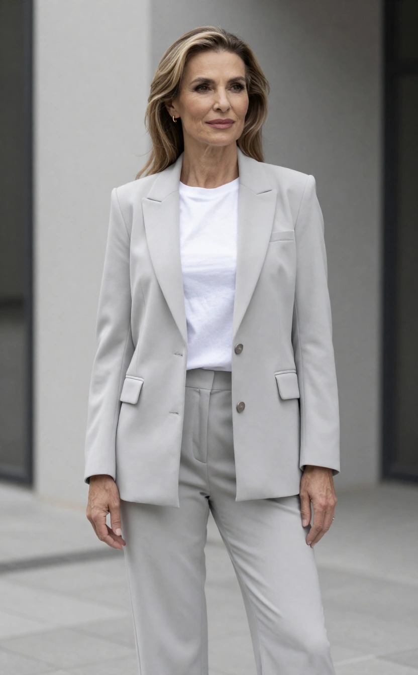 Donna elegante con blazer grigio chiaro e pantaloni coordinati, outfit strutturato e moderno per sembrare più giovane dopo i 40 anni