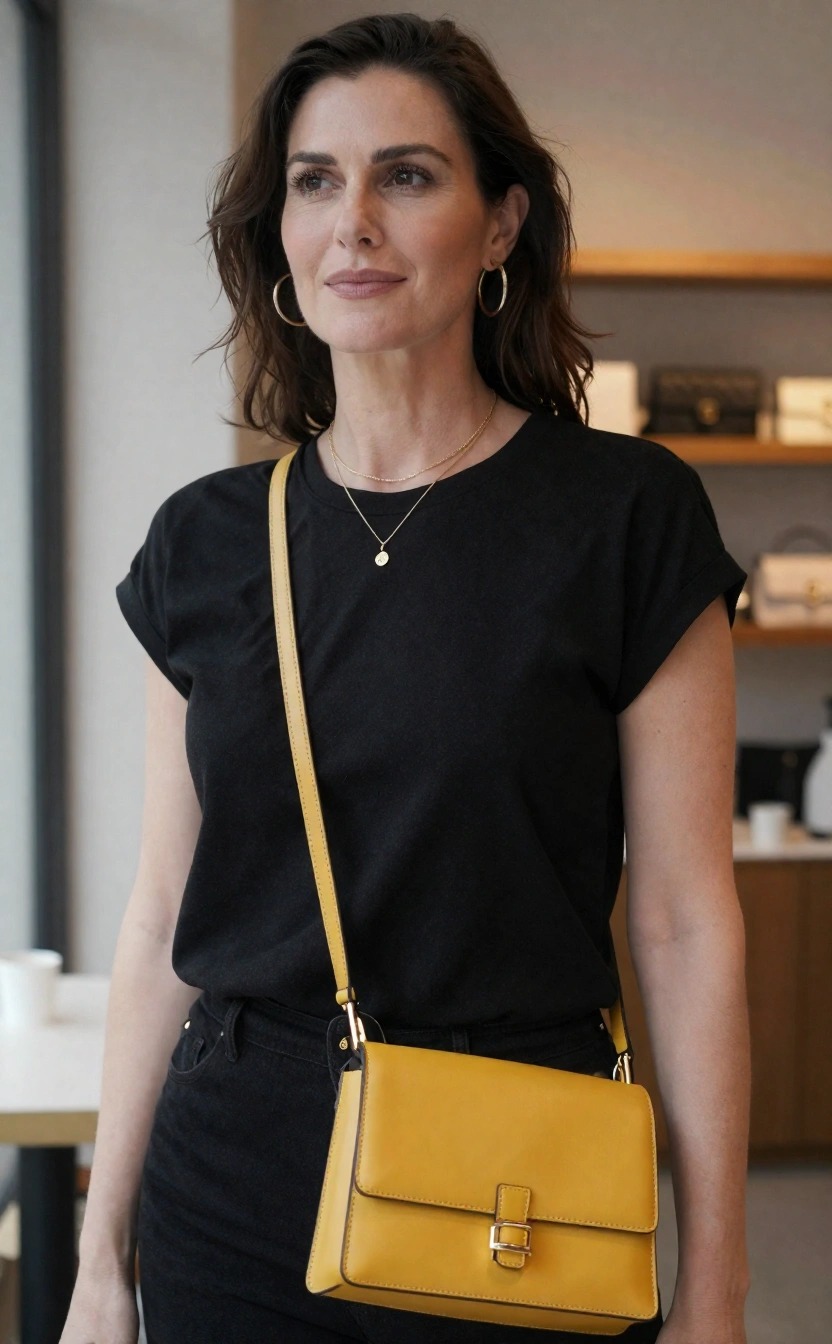 Donna over 40 con t-shirt nera, borsa a tracolla gialla e gioielli minimal, look moderno con accessori che ringiovaniscono