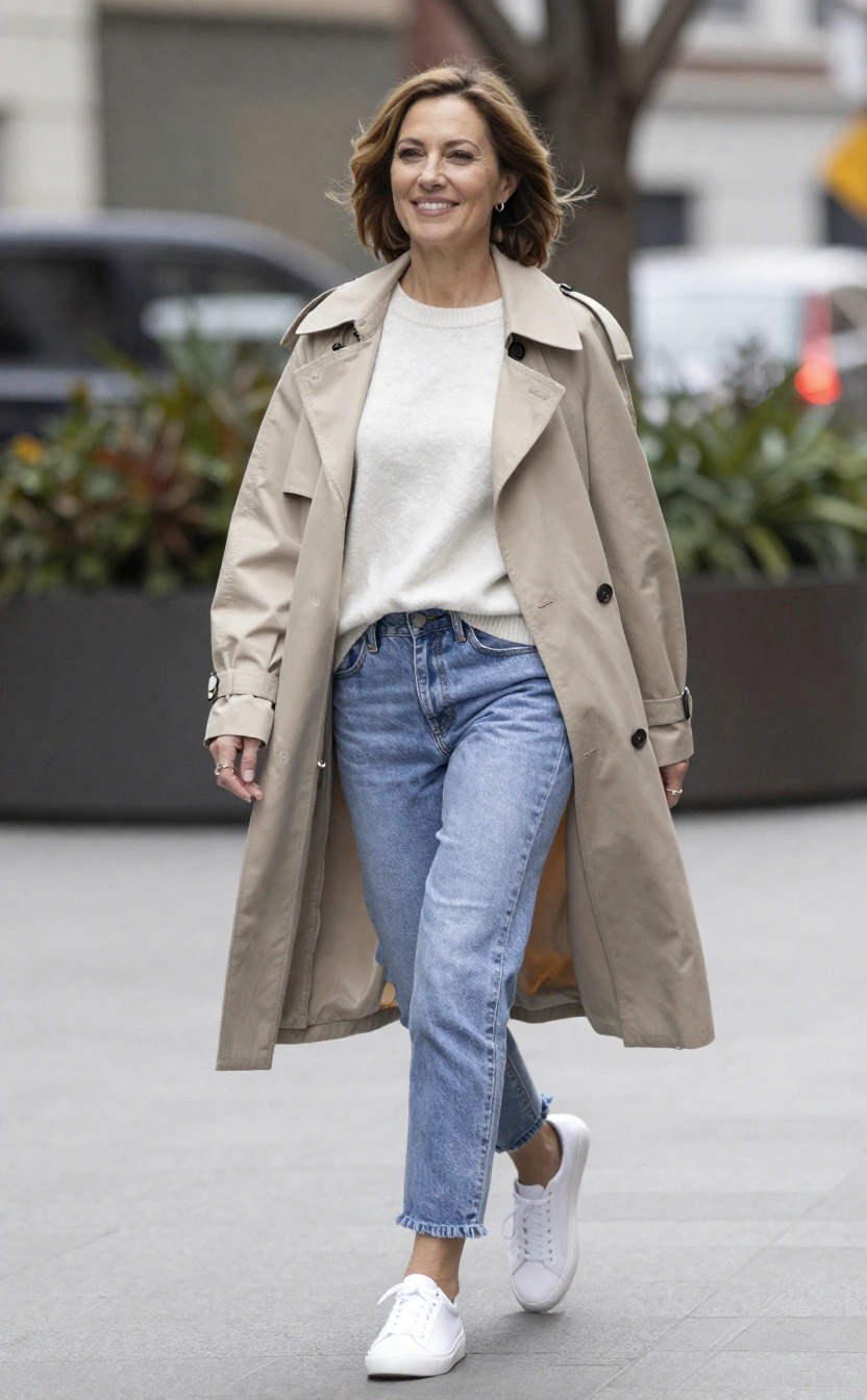 Donna over 40 con trench beige, jeans dritti e sneakers bianche, outfit casual chic per un look giovane e moderno