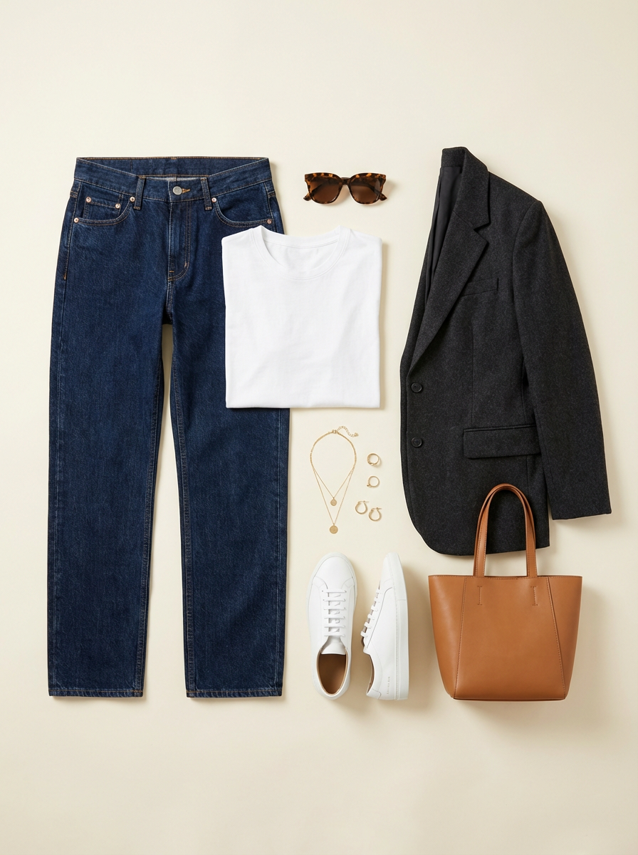 Flat lay outfit casual chic con jeans, t-shirt bianca, blazer, sneakers e accessori applicando la regola del 7 nella moda