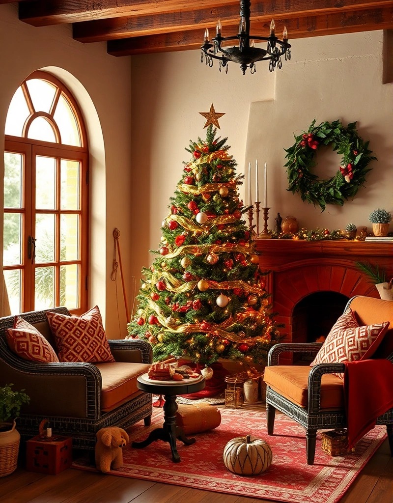 Tendenze Colori Natale 2025: 6 decorazioni casa da copiare 8 Soggiorno decorato per Natale con albero rosso e oro, luci calde, ghirlanda e atmosfera classica e accogliente