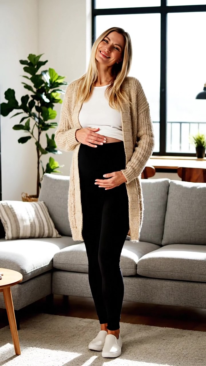 Come vestirsi in gravidanza: 5 Outfit premamam donna incinta 1 Donna in gravidanza indossa un outfit casual composto da leggings premaman a vita alta, cardigan lungo e sneakers, ideale per il comfort quotidiano.