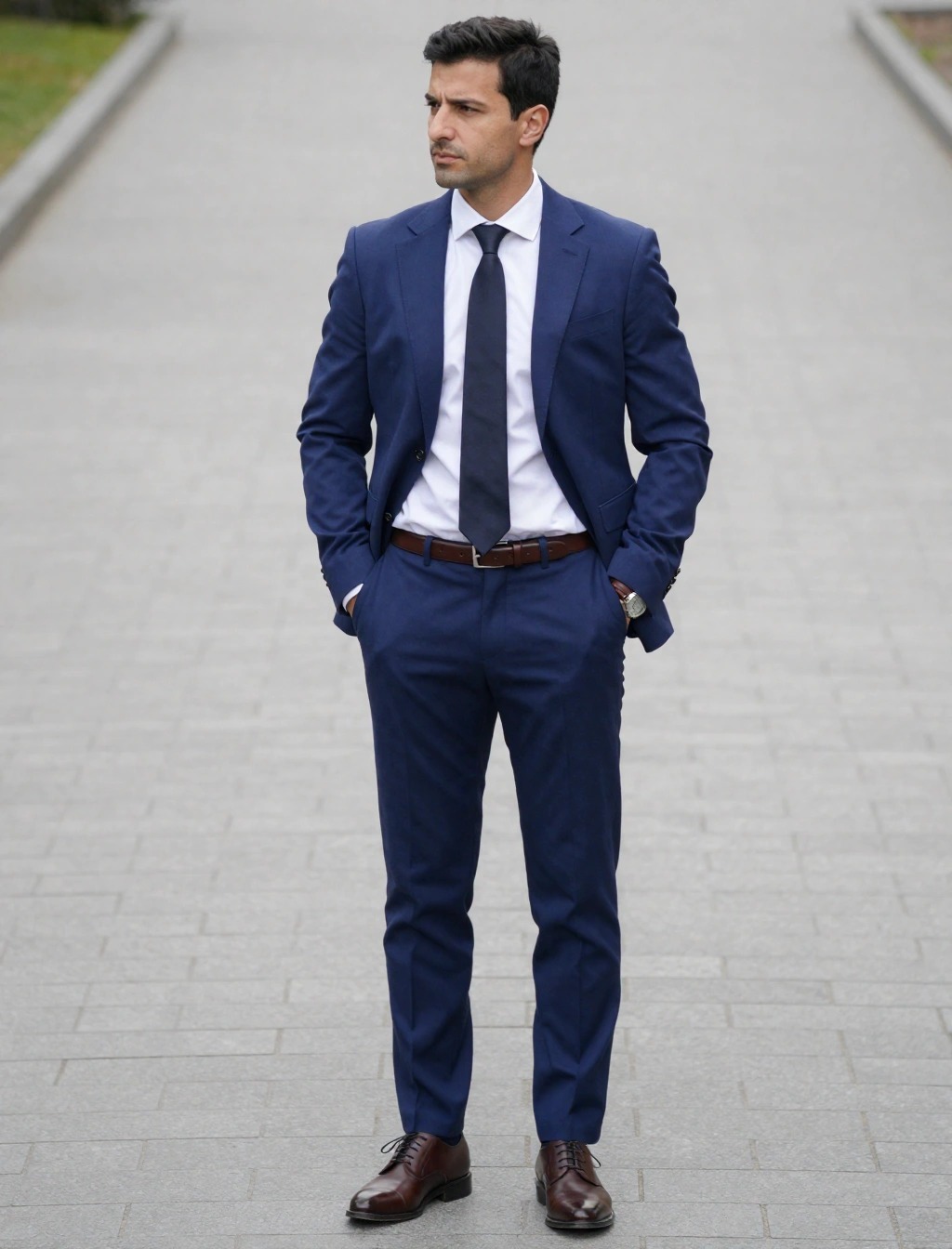 Uomo invitato a un matrimonio con abito blu, camicia bianca e cravatta scura