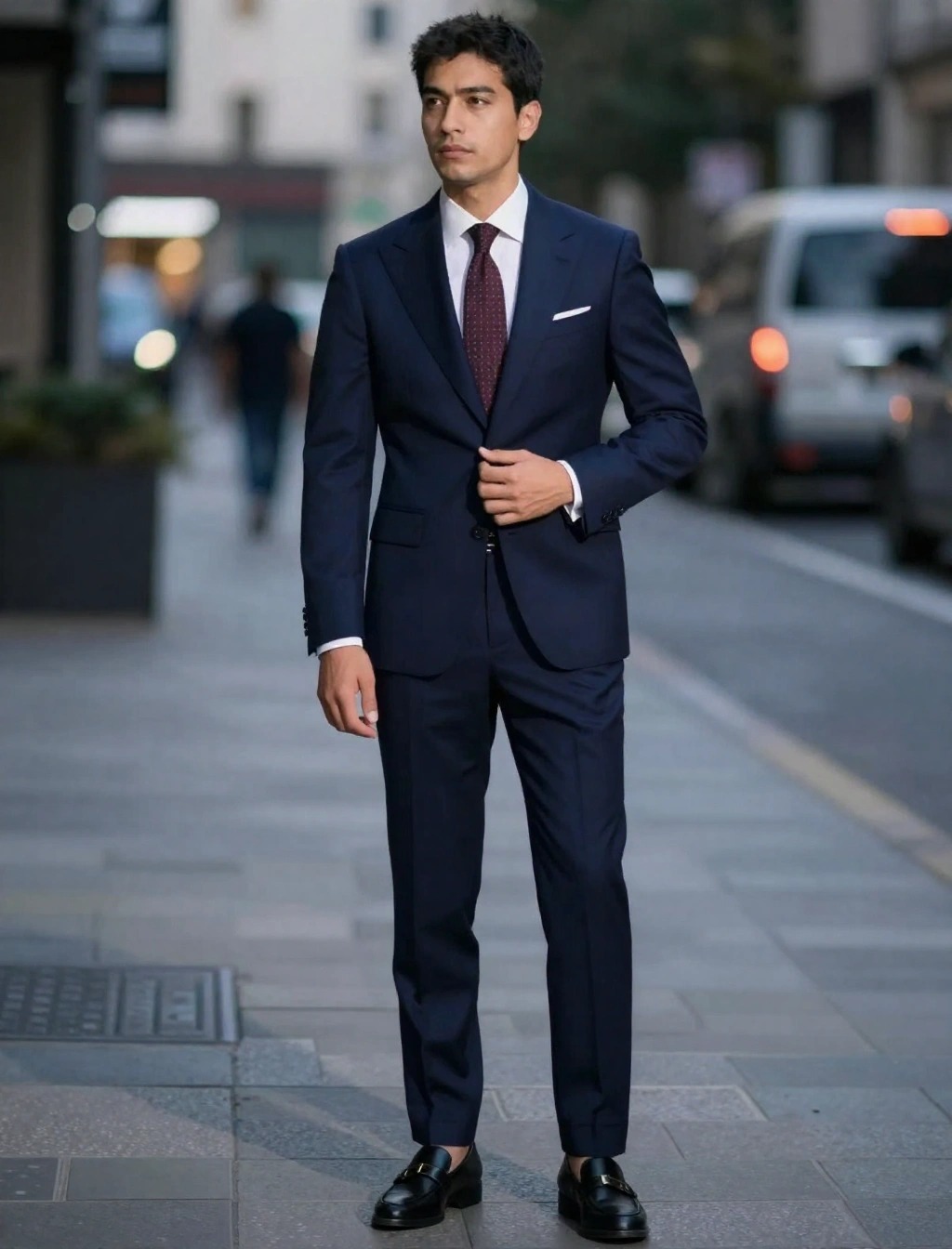 Invitato uomo con abito blu elegante, cravatta bordeaux e mocassini neri per matrimonio serale