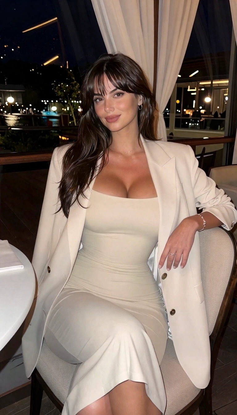 Donna con abito crema aderente e blazer coordinato sulle spalle, seduta al tavolo di un ristorante elegante all’aperto per una cena serale.
