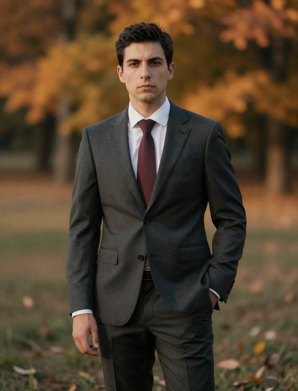 Invitato uomo con abito grigio scuro e cravatta bordeaux, look elegante per matrimonio in autunno