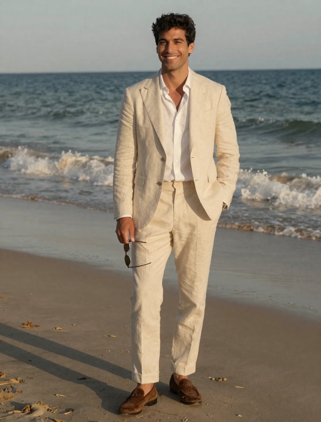 Invitato uomo con abito in lino beige e camicia bianca per matrimonio sulla spiaggia