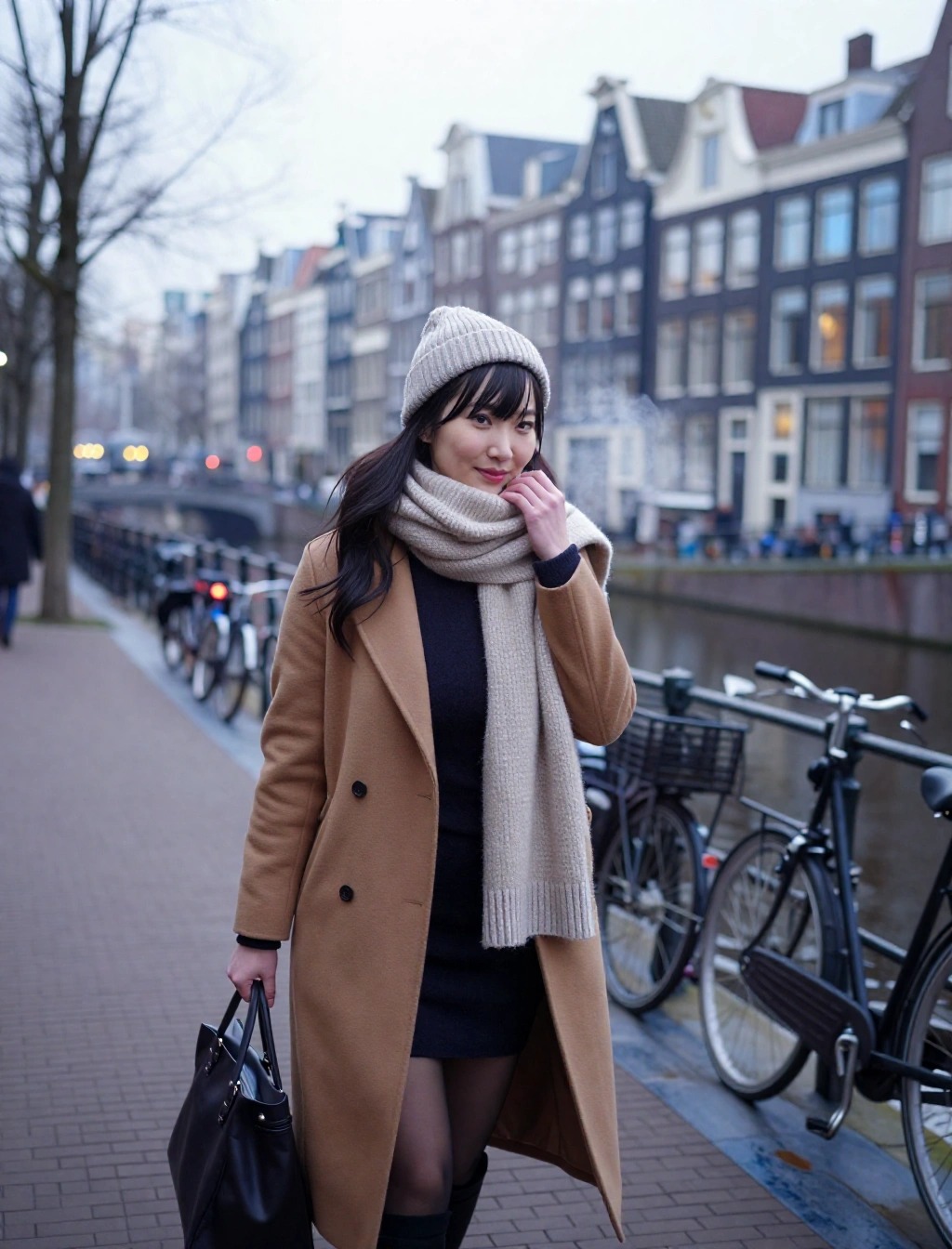 Outfit donna ad Amsterdam in inverno con cappotto cammello, cappello in lana e sciarpa beige