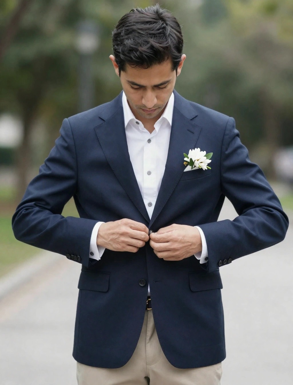 Invitato uomo con blazer blu, camicia bianca e fiore all’occhiello per matrimonio elegante