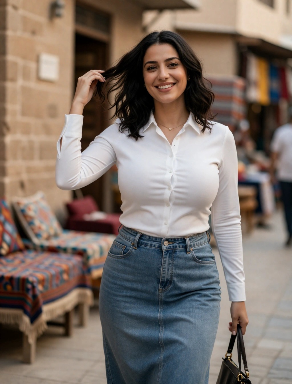 Donna con camicia bianca e gonna in denim a vita alta mentre passeggia in un mercato egiziano, look modest fashion.