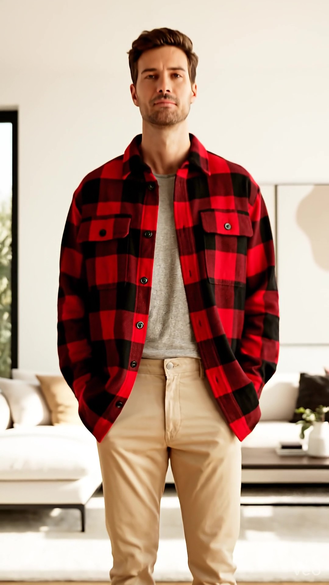 Look maschile a strati con camicia di flanella a quadri aperta per aumentare visivamente lo spessore del busto e la larghezza delle spalle.