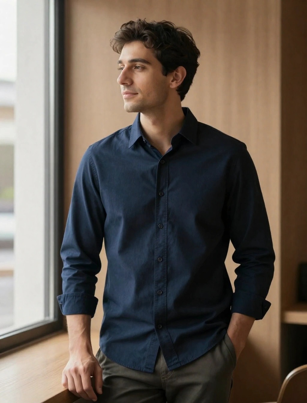 Uomo con camicia invernale da uomo in cotone blu scuro, perfetta per un look elegante e confortevole durante la stagione fredda.