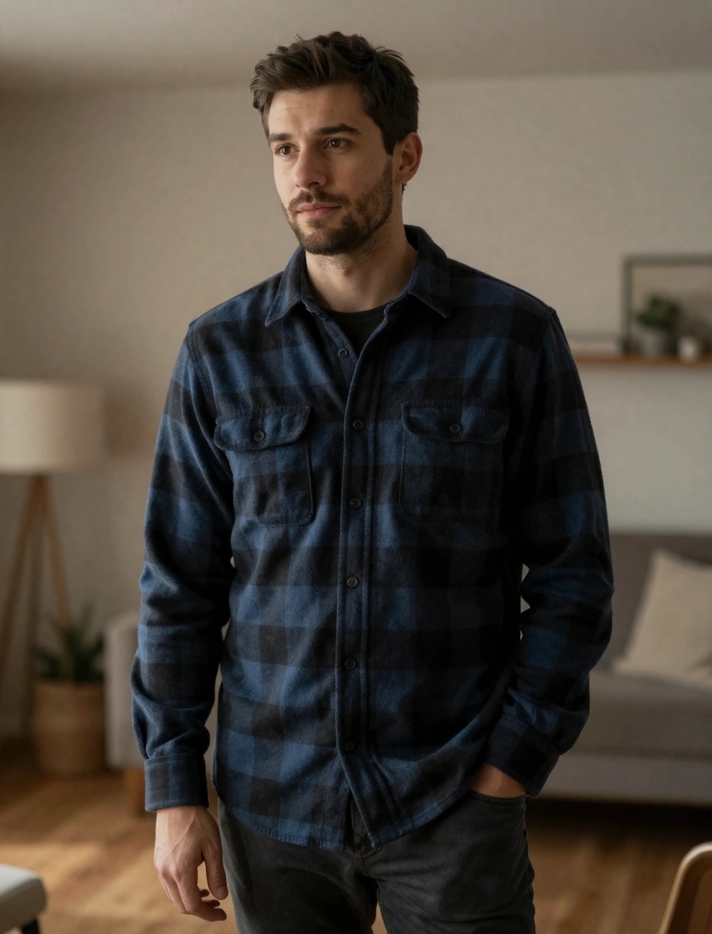 Uomo con camicia invernale di flanella a quadri blu e neri, ideale per look casual e caldi durante la stagione fredda.