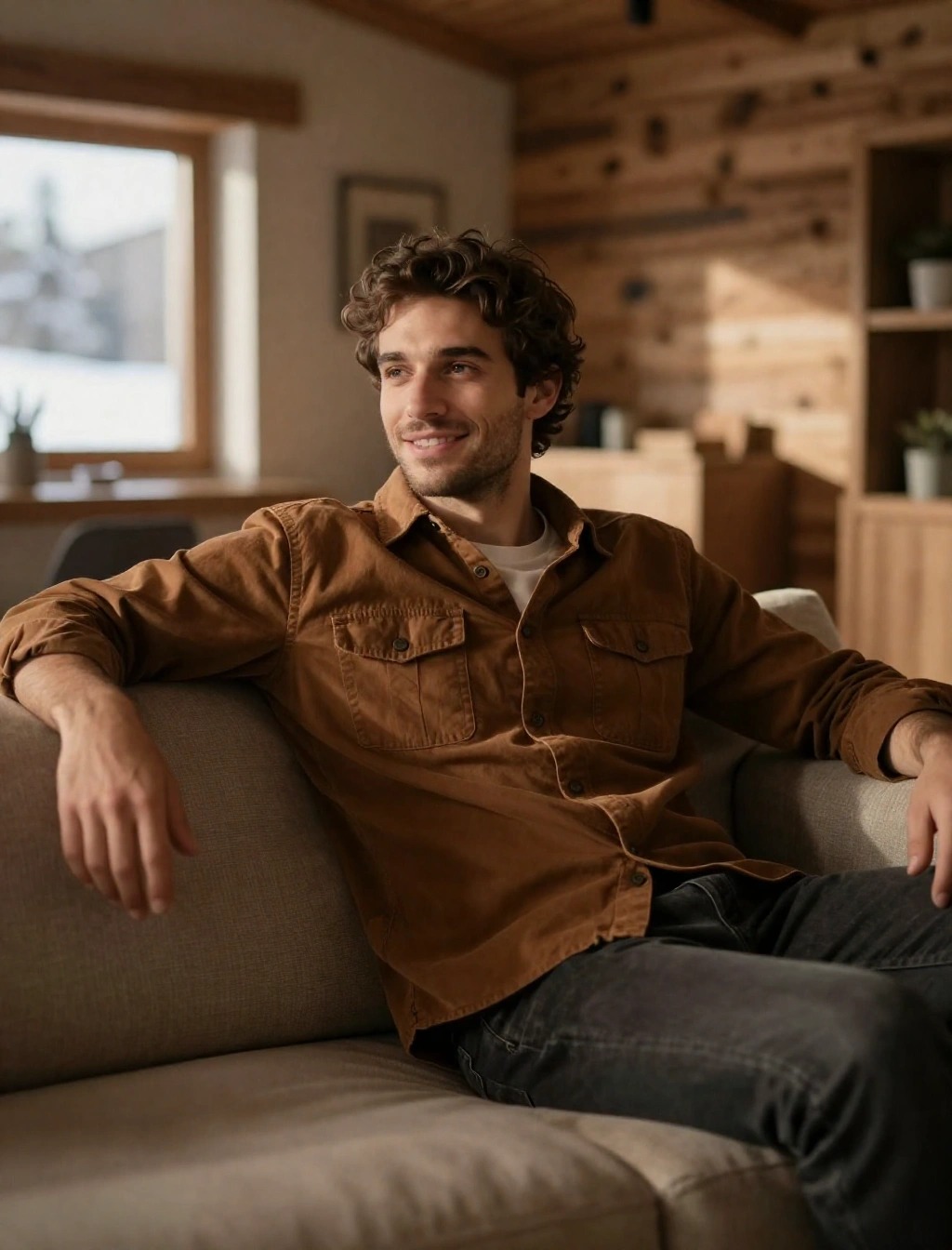 Uomo seduto su divano con camicia invernale da uomo in velluto marrone, perfetta per outfit casual eleganti e look caldi invernali.