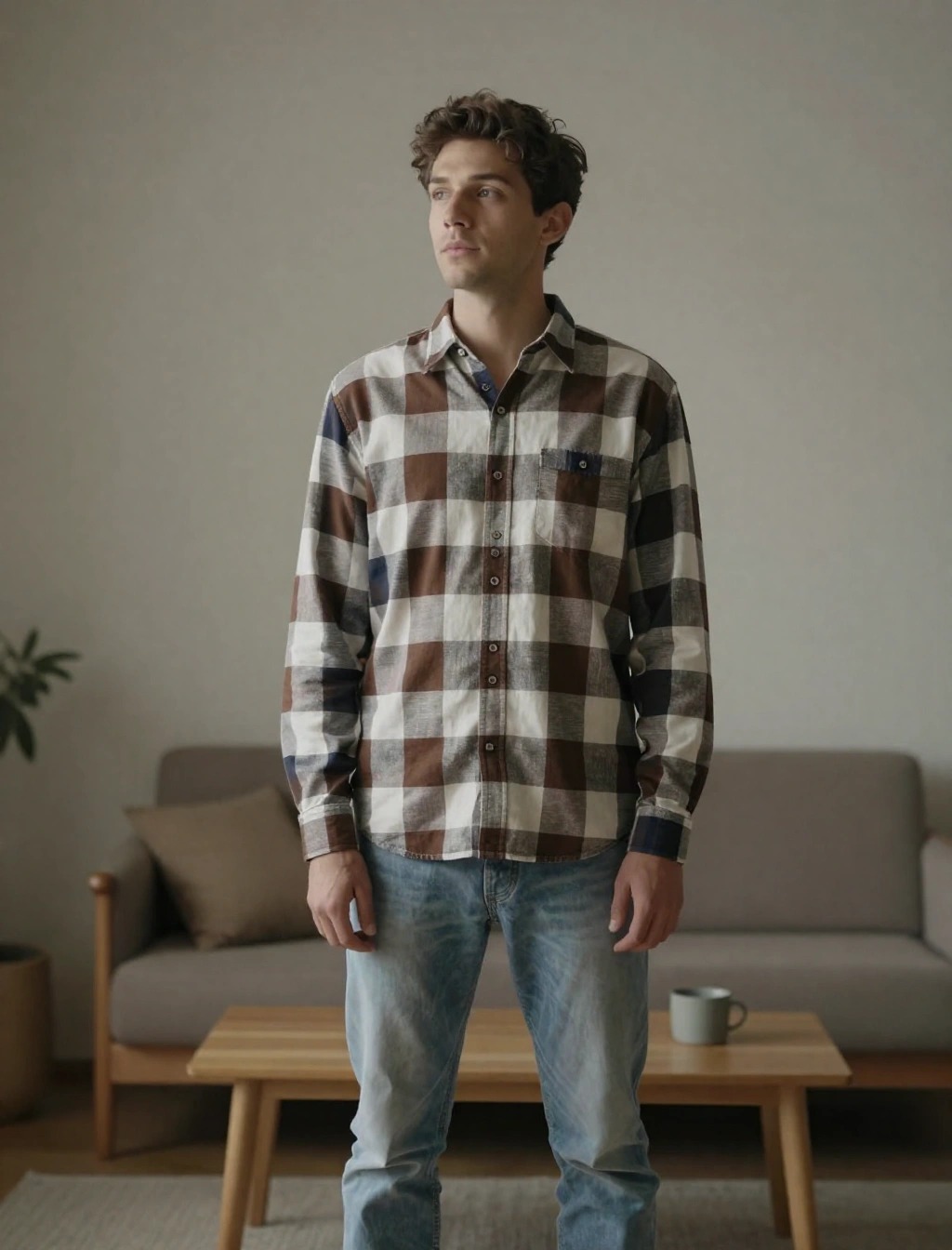 Uomo con camicia overshirt invernale a quadri marrone, blu e bianco, ideale come strato intermedio per outfit casual e caldi durante l’inverno.