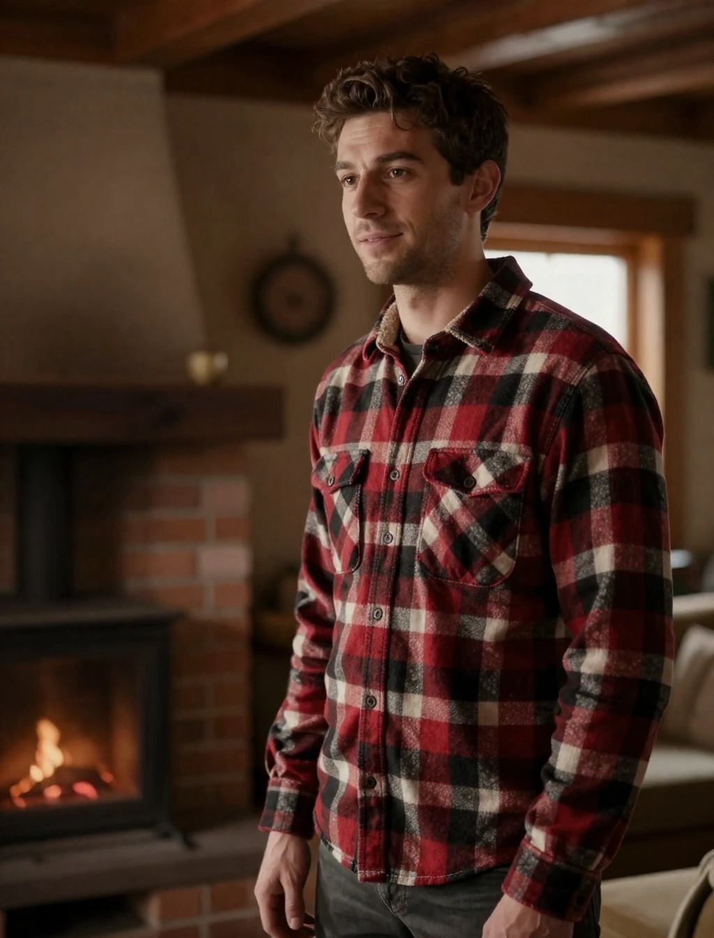 Uomo con camicia termica invernale a quadri rossa e nera, perfetta per affrontare il freddo con comfort e stile accanto al camino.