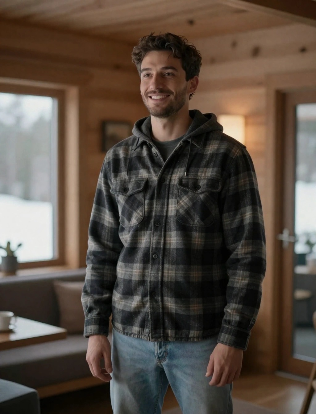 Uomo con camicia trapuntata invernale a quadri nera e grigia, ideale per tenersi al caldo con stile durante la stagione fredda.