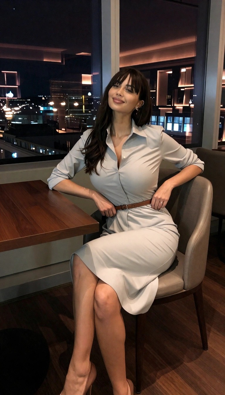 Donna con chemisier grigio al ginocchio e cintura in vita, seduta vicino alla vetrata panoramica di un ristorante per una cena serale.
