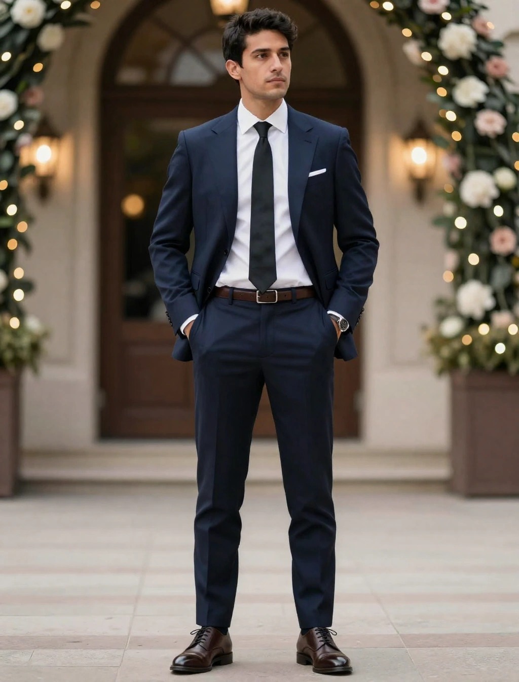 Invitato uomo con abito blu elegante, camicia bianca e scarpe marroni per un matrimonio