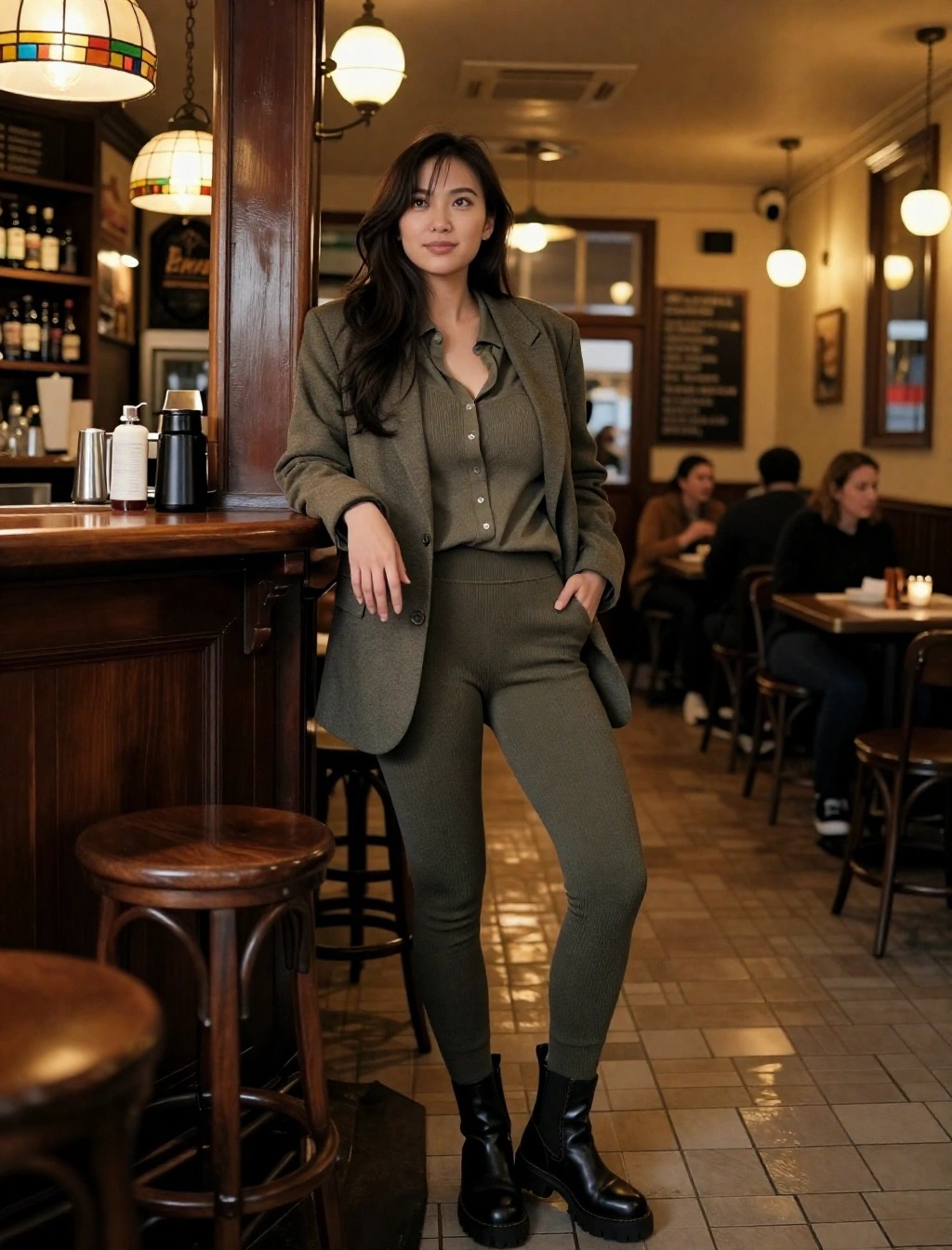 Coordinato caldo invernale donna con blazer e pantaloni maglia, look chic per locali ad Amsterdam