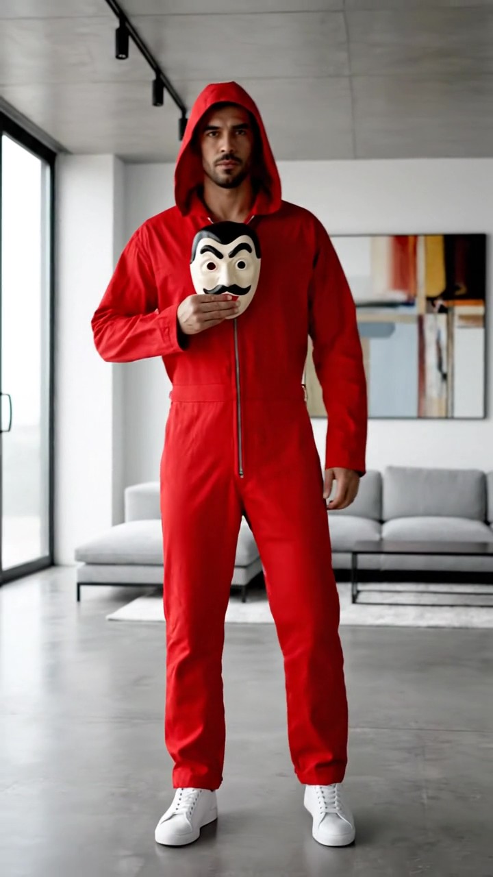 Uomo con costume di Carnevale ispirato a Casa di Carta con tuta rossa e maschera di Dalí, in appartamento moderno mentre si prepara a uscire per la festa.