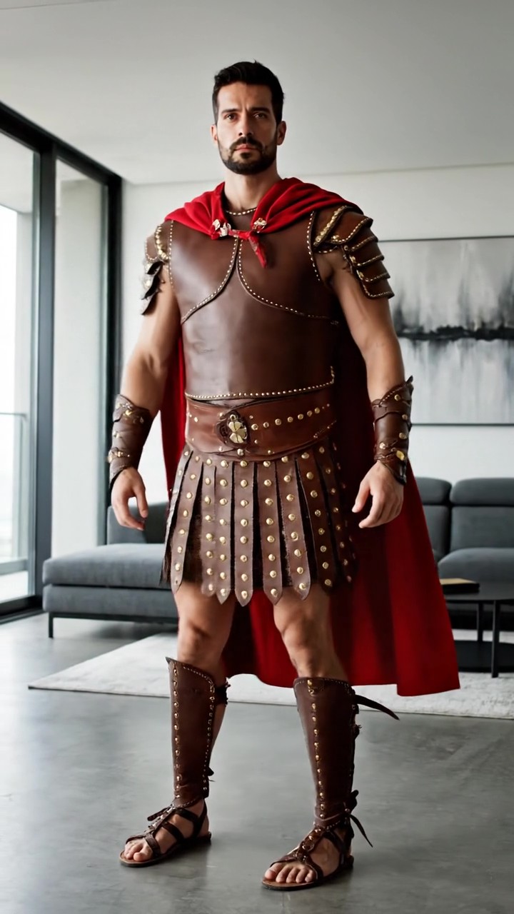Uomo con costume di Carnevale da gladiatore con armatura in similpelle marrone, mantello rosso, cinturone e schinieri, in appartamento moderno prima della festa.
