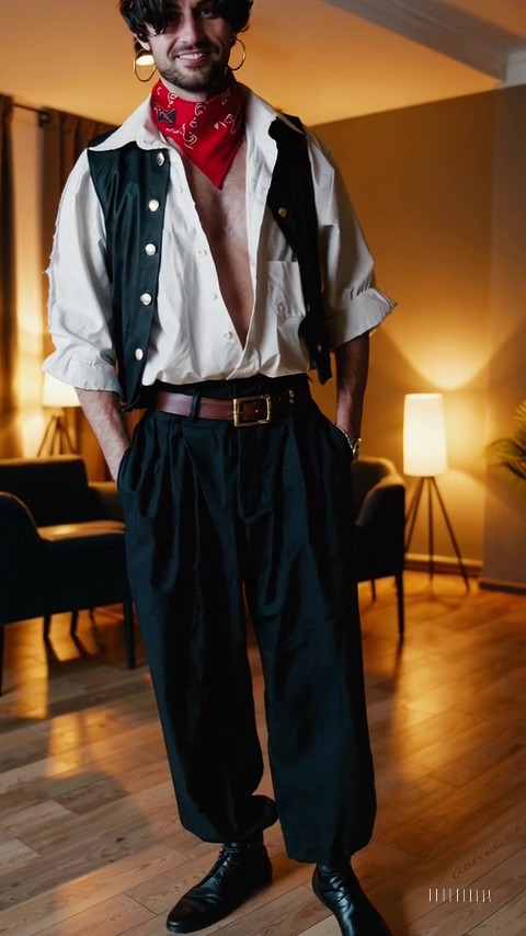 Uomo con costume di Carnevale da pirata con bandana rossa, camicia bianca aperta, gilet scuro e pantaloni neri, in appartamento con luci calde prima di uscire alla festa.