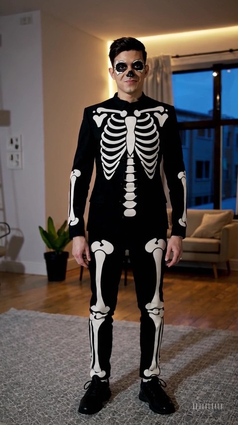 Uomo con costume di Carnevale da scheletro, tuta nera con ossa bianche stampate e trucco nero sugli occhi, in appartamento con atmosfera serale prima della festa.