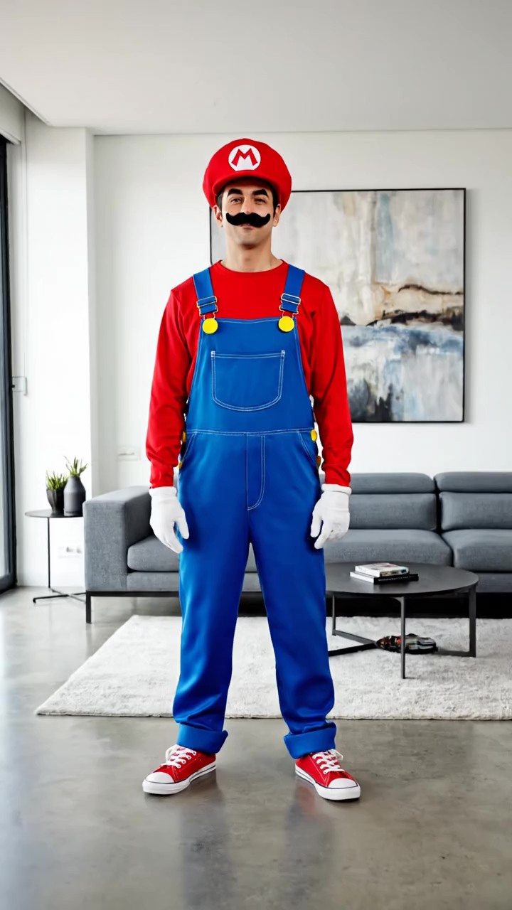 Uomo con costume di Carnevale da Super Mario con salopette blu, maglia rossa, cappello rosso con logo M, baffi finti, guanti bianchi e sneakers rosse, in appartamento moderno prima della festa.