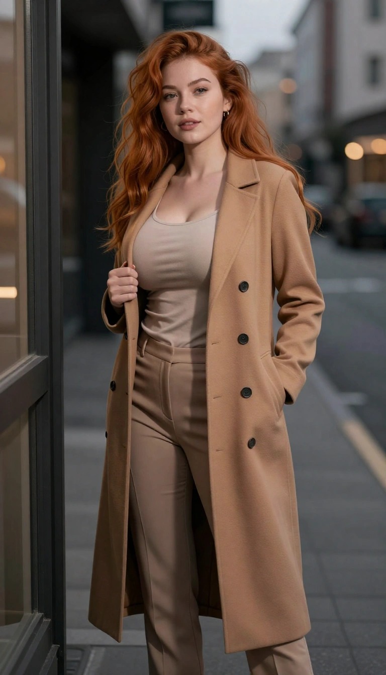 Donna dai capelli rossi con cappotto cammello, top chiaro e pantaloni beige, look da città perfetto per valorizzare i capelli rossi con colori neutri caldi.