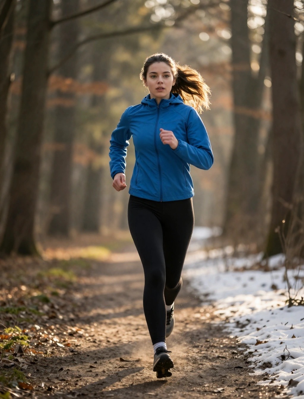 Donna che corre su un sentiero nel bosco con giacca blu da running, atmosfera fredda e luce naturale.