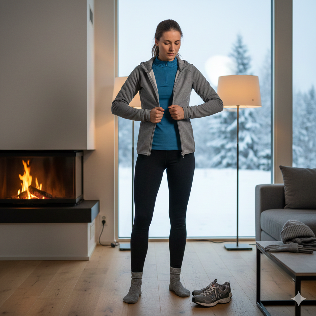 Donna europea in casa che indossa una felpa grigia aperta con cappuccio sopra una maglia termica blu, preparandosi per correre in inverno con paesaggio innevato sullo sfondo.
