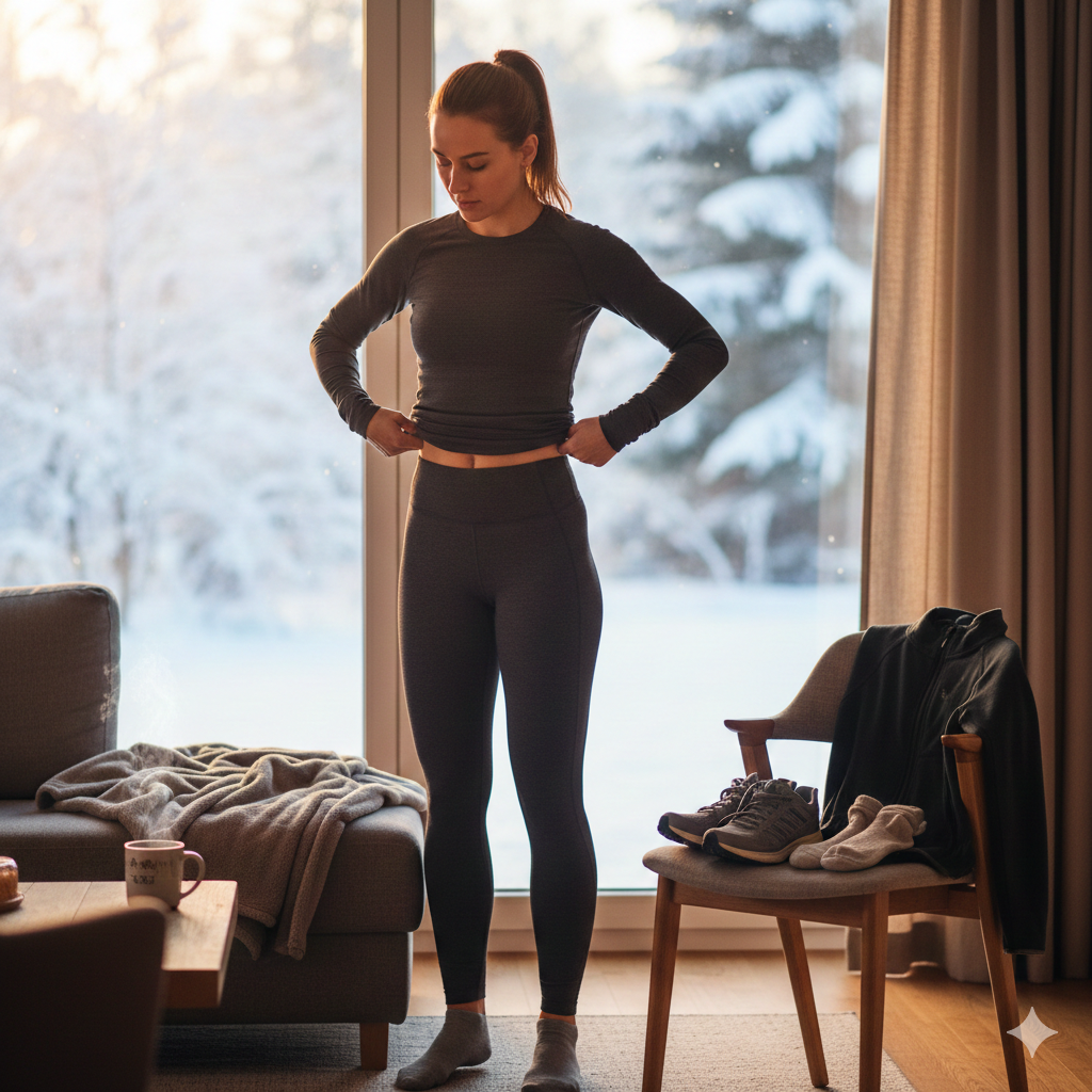 Una giovane donna europea in casa mentre indossa il primo strato di intimo termico scuro per andare a correre in inverno; sullo sfondo una finestra con vista su un paesaggio innevato e abbigliamento sportivo pronto su una sedia