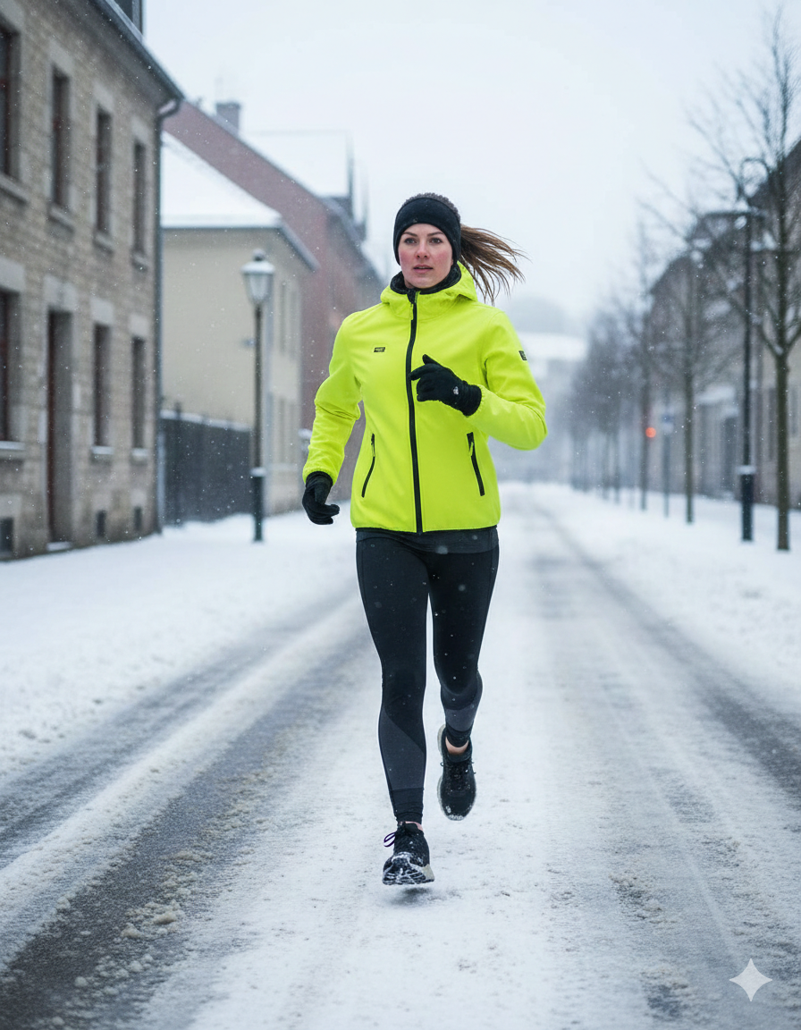 Donna europea che corre su una strada innevata in inverno indossando una giacca softshell giallo fluo, fascia nera e guanti tecnici.