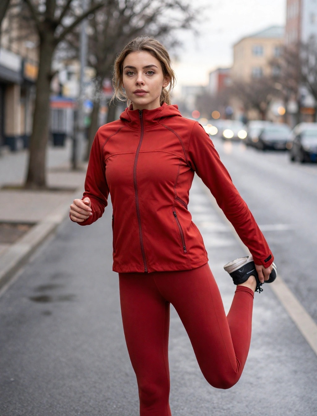 Donna che si prepara a correre facendo stretching in strada, indossa giacca e leggings rossi, giornata fredda e cielo nuvoloso.