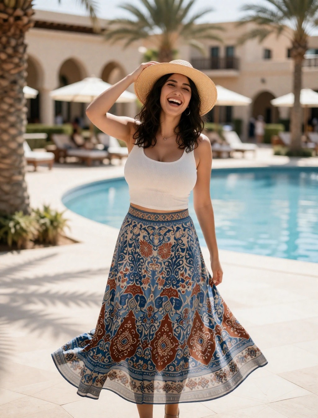 Donna con top bianco e gonna lunga a fantasia orientale, look perfetto per rilassarsi a bordo piscina in Egitto.