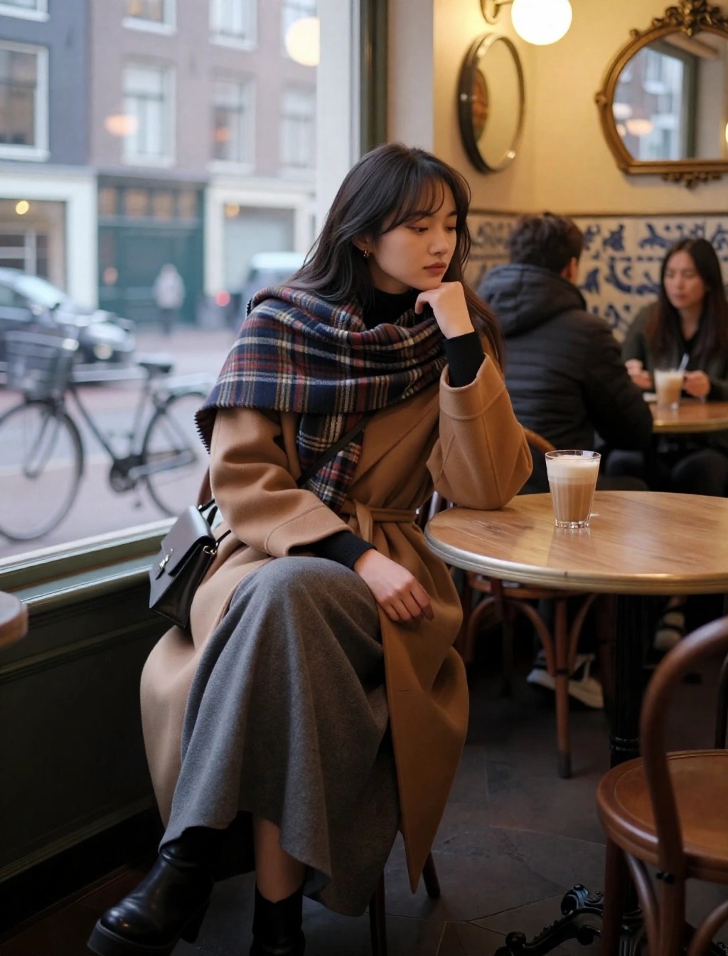 Look invernale elegante donna con gonna lunga grigia, cappotto beige e maxi sciarpa ad Amsterdam