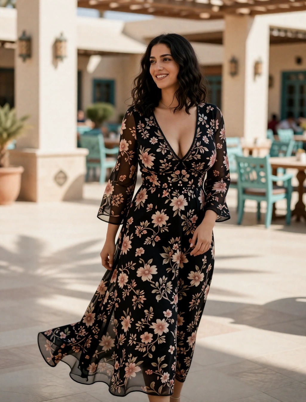 Donna con abito lungo floreale leggero e maniche trasparenti, perfetto per una cena elegante in resort in Egitto.