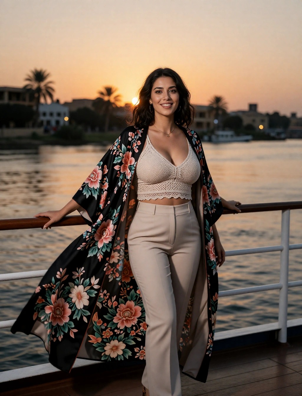 Donna al tramonto su una crociera sul Nilo con kimono floreale e crop top in pizzo, outfit elegante per la sera.