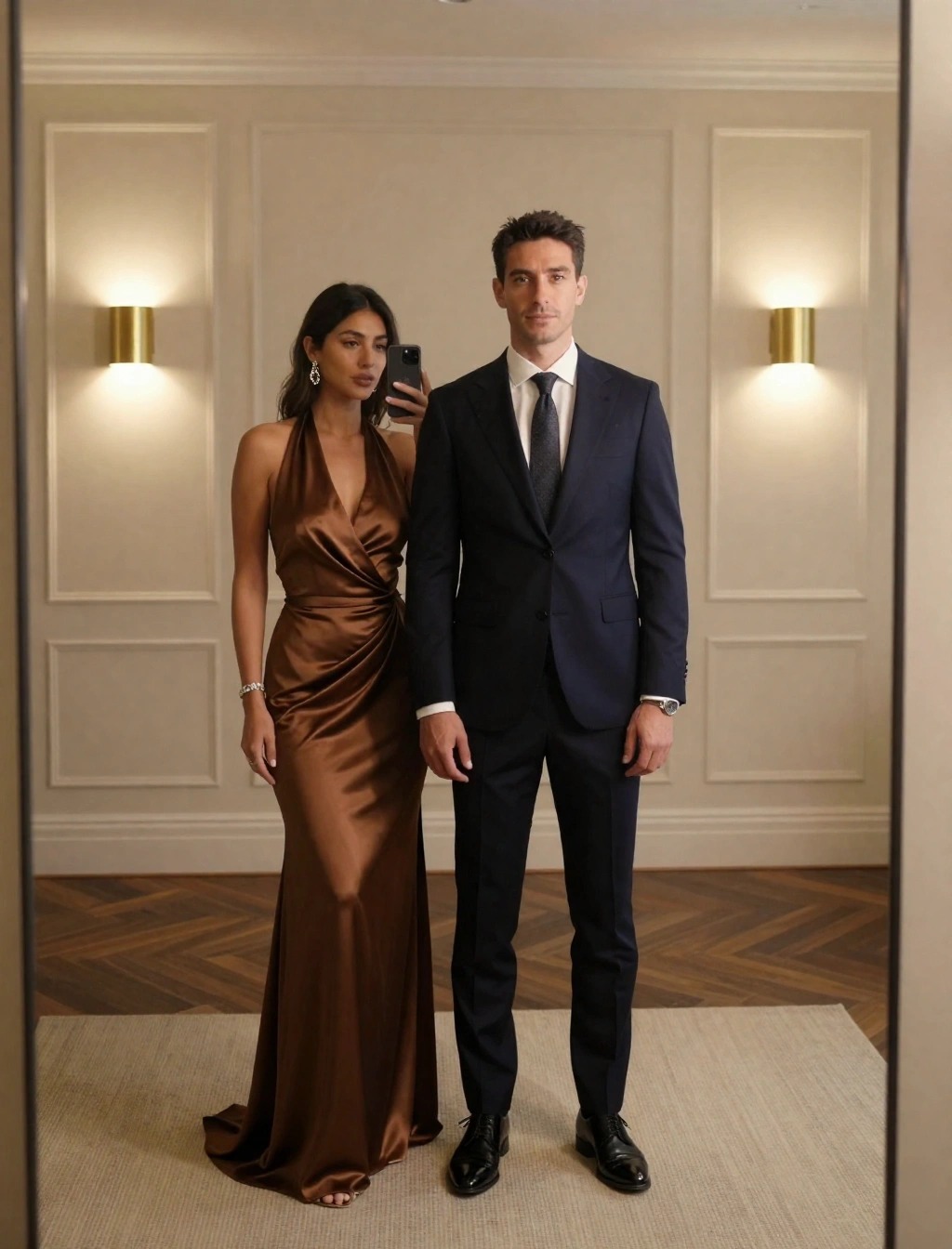 Coppia invitata a un matrimonio serale con uomo in abito blu scuro e donna con abito lungo elegante